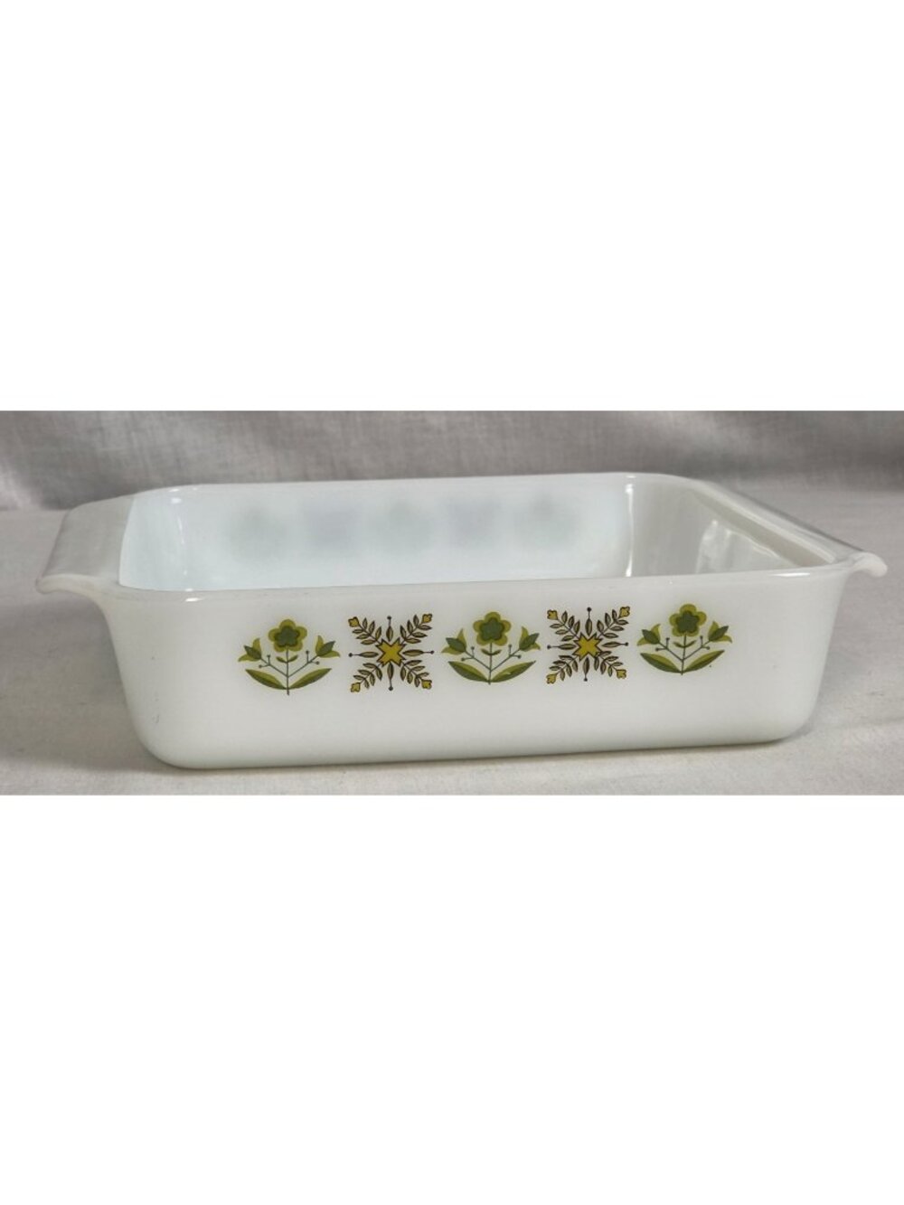 Vtg Anchor Hocking Fire-King Meadow Casserole Dish 70s Floral Motif Milk Glass